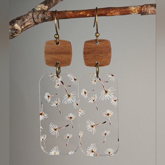 HAND CRAFTED EARRINGS Wood Acrylic Dandelion Statement Dangle Drop - Picture 3 of 7